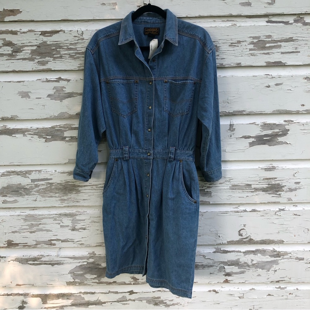 NWT Vintage Eddie Bauer medium cotton denim jean collared dress short pleated